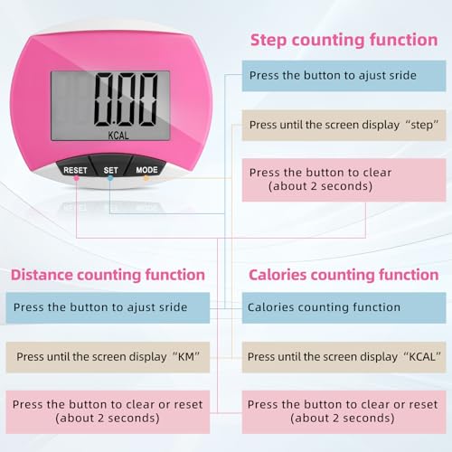 Weewooday Pedometer for Walking Steps and Miles Simple Pedometer Clip on with Large Digital Display Portable LCD Step Counter Bulk Gift for Women Men Adults - color: Pink