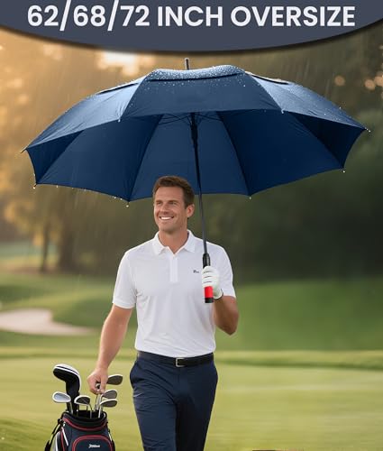 62/68/72 Inch Large Golf Umbrella Windproof Waterproof Auto Open | Oversized Double Canopy Vented, 210T Waterproof Pongee Fabric, Light Fiberglass Frame, Unique Red Foam Handle - color: Navy Blue-Red Handle, size: 68"