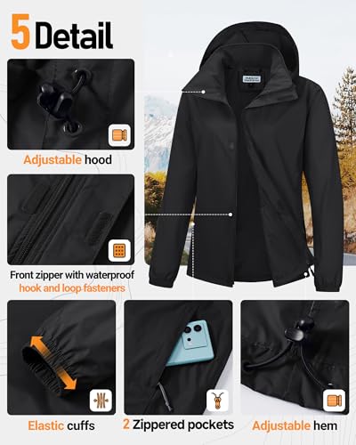 Outdoor Ventures Women's Rain Jackets Lightweight Waterproof RainCoats - color: Black, size: Large