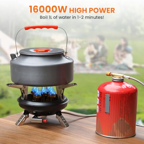 Portable Camping Stove with Propane Adapter - GEEKHOM 16000W Windproof Gas Stove Foldable Backpacking Stove, Piezo Ignition & Stable Pot Support for Outdoor Cooking Hiking