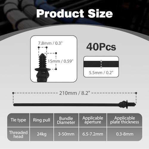 40PCS Push Mount Cable Zip Tie 8.3 x 0.2 inch Self Locking Cable Strap Push Mount Cable Ties Nylon Car Mount Wire Tie Car Fastener Cable Clips Wraps for Indoor Wire Tying - size: 40 Pcs