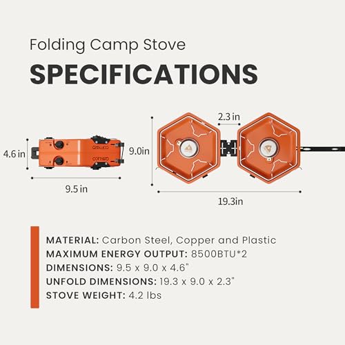 Cofiyard Propane 2 Burner Camping Stove with Carrying Bag, Portable Folding Gas Stove for Camping, Backpacking Camp Stove for Outdoor Cooking, With 17,000 BTU Adjustable Burners for BBQ, Tailgating - color: Orange
