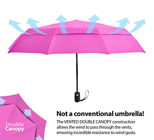 Windproof Travel Umbrella Auto Open Close, Compact 42" Folding Umbrella | Collapsible Rain Umbrella with Vented Double Canopy, Fiberglass and Steel Frame, Strong Wind Resistant - color: Pink