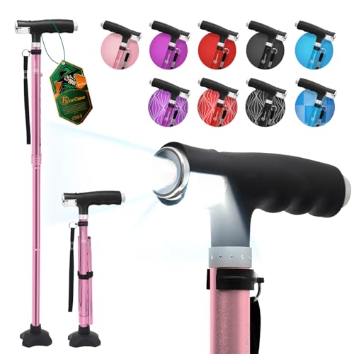 BeneCane Walking Cane for Women Folding Cane for Men with Two Led Lights Quad Cane with Stable Base Lightweight and Adjustable Walking Stick - color: Pink