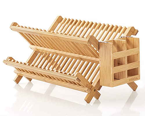 HBlife Dish Rack, Bamboo Folding 2-Tier Collapsible Drainer Dish Drying Rack with Utensils Flatware Holder Set (Dish Rack with Utensil Holder) - color: Bamboo-2 Tiers