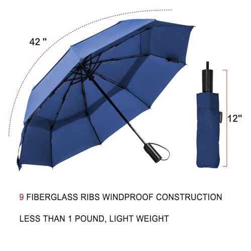 Windproof Travel Umbrella, Vented Folding Umbrella, Compact Double Canopy Auto Open Close 42 Inch - color: L1.4 Navy Blue