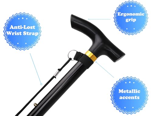 Folding Lightweight Walking Stick - Adjustable Aluminum Metal Collapsible Travel Cane with Non-Slip Rubber Base - color: Black