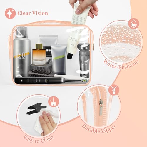 TISRATOK 12 PCS Clear Makeup Bags with Zipper, TSA Approved Toiletry Pouch - color: Orange Pink, size: Large