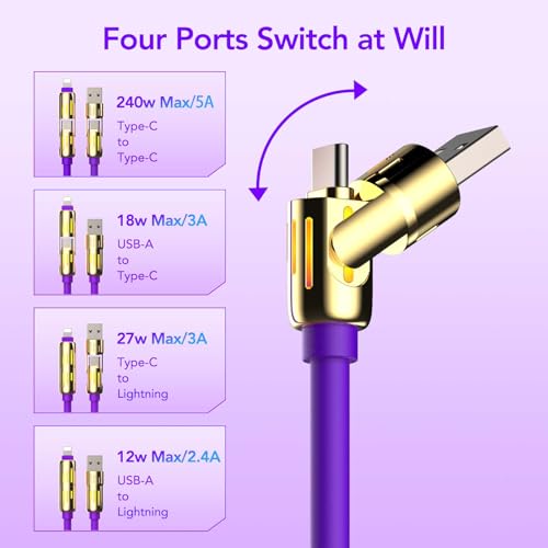 MFish 240W 4-in-1 Fast Charging Cable, Purple Gold, 6.6FT | Carrying Case, USB-A & USB-C to USB-C/Lightning, For iPhone 17/16/15/14, MacBook, iPad, Laptop, Samsung S25/S24 - color: Purple Gold, size: 6.6Ft