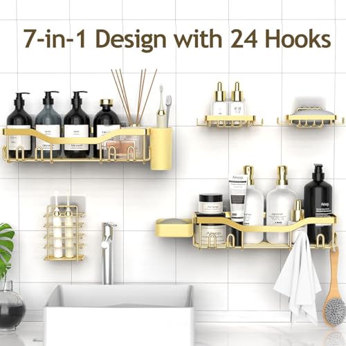 NESOMI Shower Caddy Adhesive Shower Organizer 7-Pack, Rustproof Stainless Steel Bathroom Shelves, Large Capacity No-Drill Rack Storage Accessories with Soap Dish Toothbrush Holder Hooks - color: Gold, size: 7-Piece Set