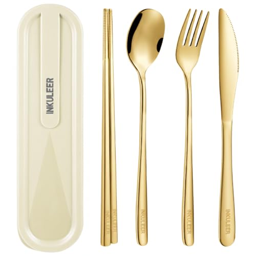 iNKULEER Travel cutlery set, 18/8 stainless steel cutlery, Reusable utensils set with case, Portable Silverware Lunch Box for Camping and Office-Stainless steel - color: Gold