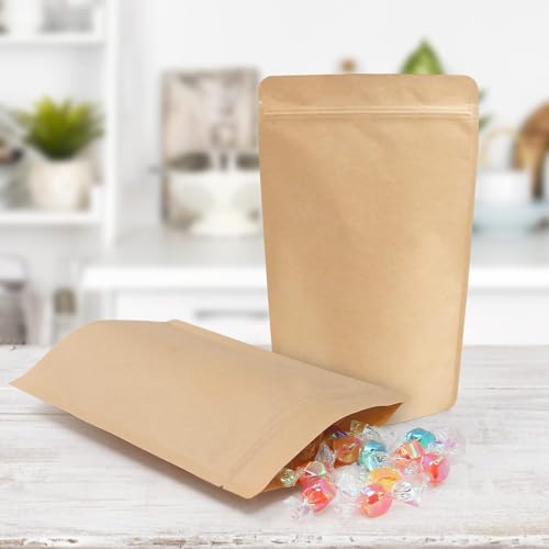 SumDirect Kraft Stand Up Pouches - 100 Pack Self-Sealing Zipper Food Storage Reusable Bags with Foil Lined for Home or Business (6X9.4 Inch,100PCS) - size: 6X9.4 Inch,100PCS