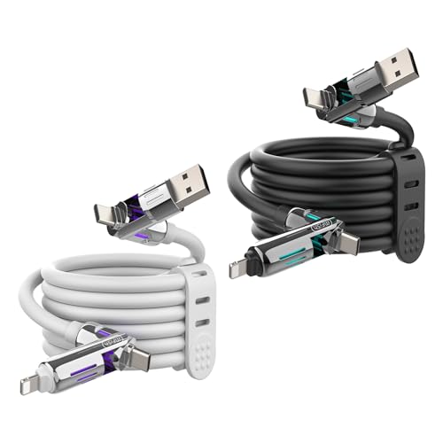 MFish 2-Pack 240W 4-in-1 Multi Charging Cable, Black+White, 6.6FT | Carrying Case, USB-A & USB-C to USB-C/Lightning, For iPhone 17/16/15/14, MacBook, iPad, Laptop, Samsung S25/S24 - color: Black+White, size: 2-Pack 6.6FT