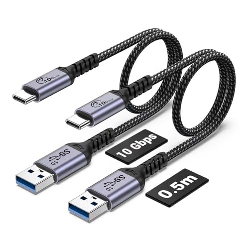 USB C Data Cable 10Gbps, 2 Packs, 1.5ft, Android Auto/Carplay Cord | Type C Fast Charging, Braided, USB A to USB C, USB 3.1 High Speed Transfer, Compatible for iPhone 16, MacBook, Galaxy, SSD - color: Grey, size: 1.5 ft