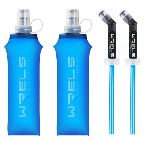 WRELS Soft Flasks Running Water Flask Folding Soft Water Bottles Small for Outdoor Sports Hiking Hydration Pack 5oz/8oz/17oz(BLUE,17oz*2+Straw*2) - color: Blue, style: 500ml/17oz with straw-2 Pack