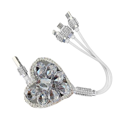 Multi Charging Cable, 3 in 1 Multi Charger Cable with Type-C/Lightning/Micro USB Connectors, Rhinestone Retractable Car Charger Cord, Universal for Most Phones, Tablets (White) - color: White