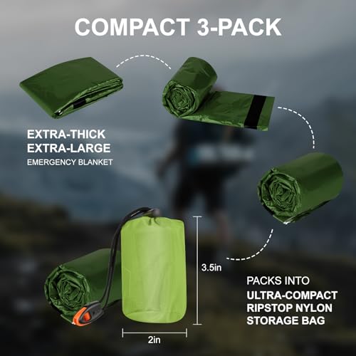Emergency Survival Bag Waterproof Windproof Thermal Bivy Sack PE Aluminum Lining 90 Percent Body Heat Retention Compact for Camping Hiking Emergency - color: 2pack,army green