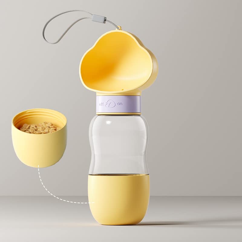Dog Water Bottle with Food Container, 12 oz, Yellow