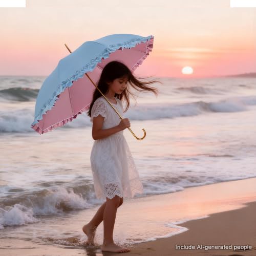 40.16inch Ruffled Princess Parasol with One-Touch Open - UPF50+ UV Blocking Sunshade, 8-Rib Fiber+Aluminum Frame, Lightproof Canopy for Women - color: blue1
