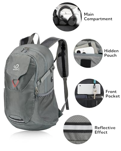 WATERFLY Lightweight Packable Hiking Backpack, 30L Day Pack Grey | Foldable, Water Resistant Travel Daypack with Multiple Pockets, Wet Pocket, Ultralight Day Pack for Woman Man, Everyday Carry - color: Grey
