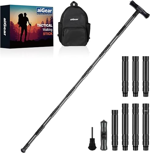 aiGear G2 Tactical Hiking Stick with Multi-Tool, 6-8 Section Walking Staff | 6061-T6 Aluminum, Magnesium Fire Starter, Anti-Skid Tip and Convertible T-Handle for Wading, Camping and Overlanding - size: 7 Tubes / 54.1"