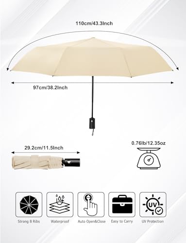 SoulRain Travel Umbrella - Compact Umbrella for Rain - Perfect Large Auto Folding Umbrella - Ideal Car umbrella, Small umbrella, and Travel Companion - color: Beige-UV