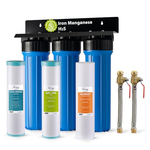 iSpring WGB32B-MKS+AHPF12MNPT16X2 3-Stage Whole House Water Filter System w/ 3/4'' Push-Fit Stainless Steel Hose Connectors, Reduces Iron, Hydrogen Sulfide, Lead, Chlorine, Chloramine, Manganese - style: Premium Iron & Manganese Removal