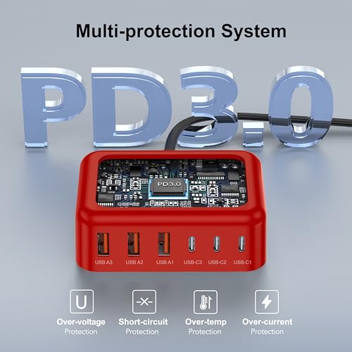 USB C Charger Block, GaN Fast USB Charging Station Hub with 100W Max 6-Port - color: F-Red, size: 100W