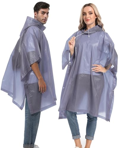 Reusable Rain Ponchos with Drawstring Hood for Adults, Waterproof Thicken Rain Coat, 2 Packs - color: White & Grey