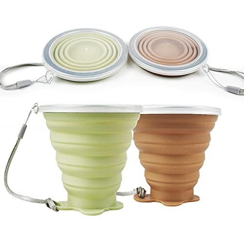 JBER Silicone Collapsible Travel Cup, Silicone Folding Camping Cup with Lids Expandable Drinking Cup for Outdoor Hiking Travel (Yellow Green & Light Brown) - color: Yellow Green & Light Brown.