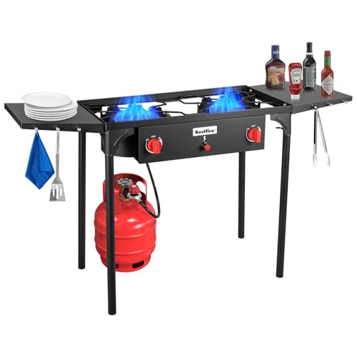Bestfire 2 burner Camping Stove with Auto Ignition Button,Side Shelves & Regulator150,000 BTU High Pressure Gas Stove Propane Burner With Removable Legs for Outdoor BBQ&Backyard Cooking Camping Home - style: 2 burner without windpanel