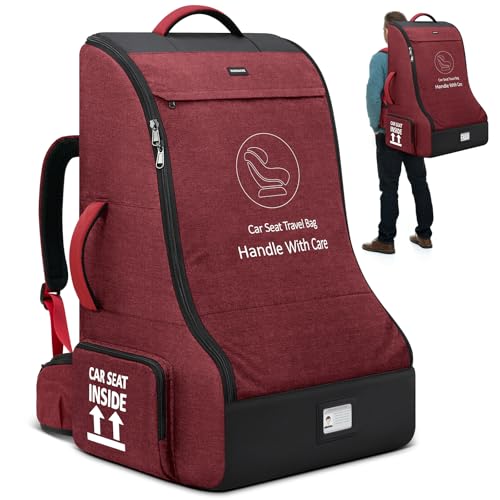 RAINSMORE Padded Car Seat Travel Bag for Airplane Car Seat Backpack, Red - color: Red&Black