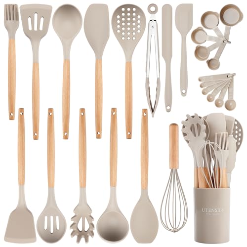 NCUE 26-Piece Food Grade Silicone Kitchen Utensils Set with Wooden Handles - color: Khaki-B, size: 26 Piece