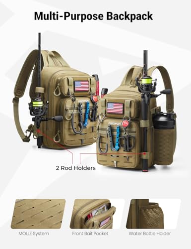 Piscifun Fishing Backpack Tackle Bag with 2 Rod Holders, Multi-Compartment Storage, MOLLE System, Water-Resistant Lightweight Outdoor Pack,Double Shoulder Black Standard | Water-Resistant Lightweight Outdoor Pack, fits 3×3600 boxes, reinforced stitching,