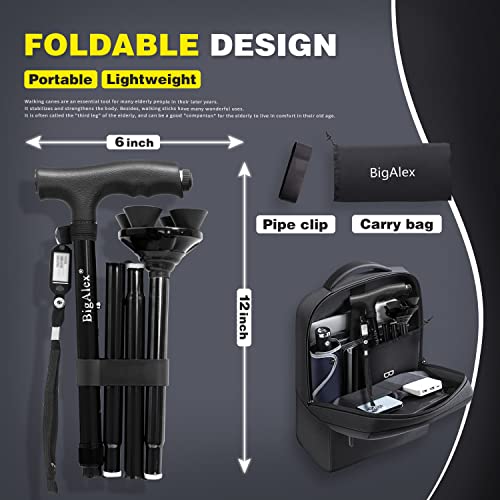 BigAlex Folding Walking Cane with LED Light,Pivoting Quad Base,Adjustable Walking Stick with Carrying Bag for Men/Women - color: Black(5'5"-6'3")