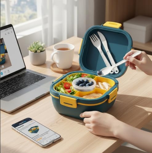 Salad Dinner Container - 58 oz Bowl with 4 Compartment Tray and 1 Removable,Sauce Box,Reusable Knife and Fork, Multi-scenario Usage Leak-Proof Food Storage, Outdoor Picnic Helper, Women,Men Gift