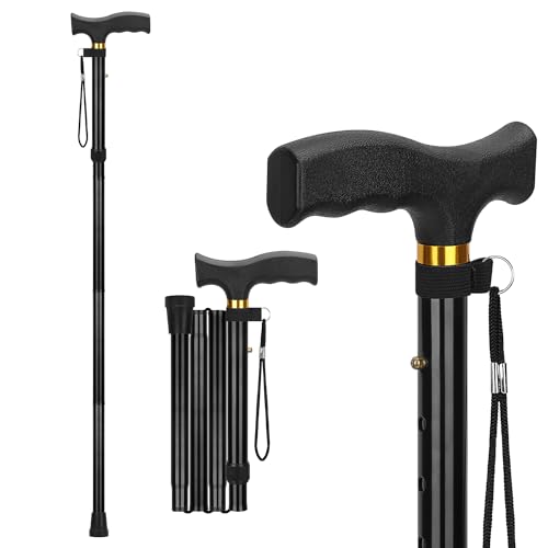 supregear Folding Cane, Lightweight 5-Level Adjustable Walking Stick with Wrist Strap and T-Handle, Portable Mobility Aid for Elderly and Disabled Men and Women - color: Black
