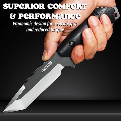 OLX-004 Tactical Survival Knife with Kydex Sheath, Outdoor Fixed Blade with Belt Clip, 420HC Steel Blade Camping Knife with G10 Handle