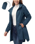 33,000ft Women's Waterproof Long Rain Coats Packable Rain Jacket with Hood Trench Coats Windbreaker - color: Dark Blue, size: Medium