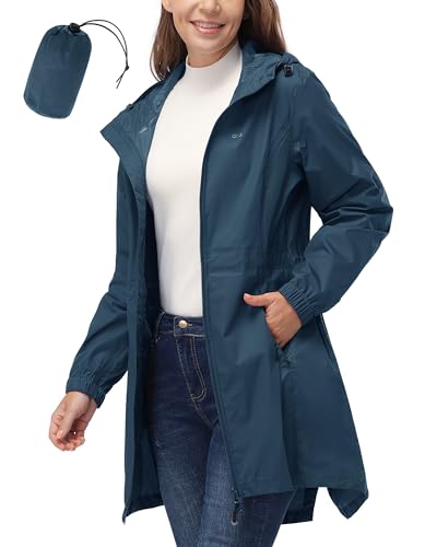 33,000ft Women's Waterproof Long Rain Coats Packable Rain Jacket with Hood Trench Coats Windbreaker - color: Dark Blue, size: Large