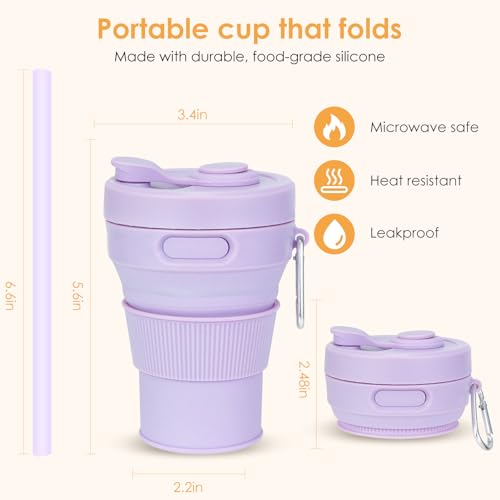 Collapsible Travel Cup - Lilac,16oz/450ml，Leak-Proof Reusable To-Go Pocket Size Silicone Bottle for Hot & Cold Drinks - Camping & Hiking - Dishwasher Safe- Straw included