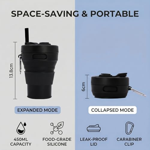 Silicone Coffee Mug Collapsible Cups for Camping Folding Travel with Straw Reusable Portable Drinking Cups Outdoor Hiking 450ml (Green-450ml, 1) - color: Green-450ml