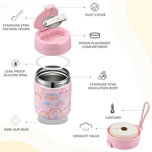 Pawtong 17oz Soup Thermo for Hot Food Kids Insulated Vacuum Food Jar with Stainless Steel Spoon Wide Mouth Thermo Leakproof Lunch Food Container Kids Hot Lunch Box (Pink-Rainbow) - color: Pink-Rainbow