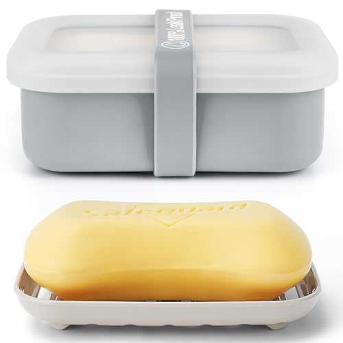 Compact Leakproof Travel Soap Case with Lid & Silicone Strap - Portable Draining Soap Bar Holder for Gym, Bathroom, Camping - Lightweight Silicone Soap Dish Container (Gray) ﻿ - color: Gray