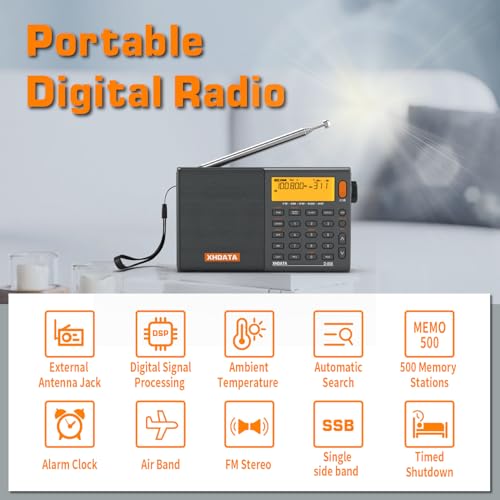 XHDATA D808 Portable AM FM SW LW Air Band Radio SSB RDS Multi Band Radio Speaker with LCD Display Alarm Clock External Antenna (Grey) - color: Grey