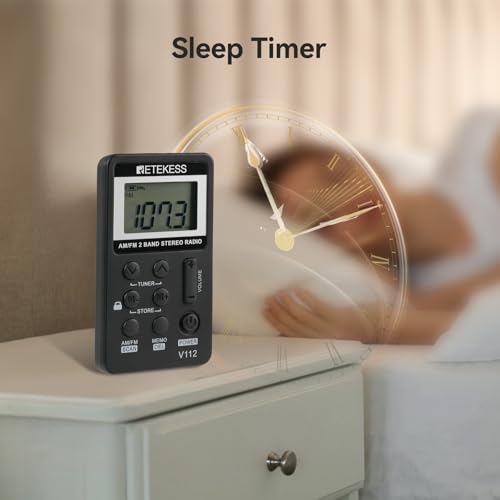 Retekess V112 AM FM Pocket Radio, Digital Radio with Earphone(Black) | for Walking, Jogging, Training,Rechargeable Battery, LCD Display - color: Black