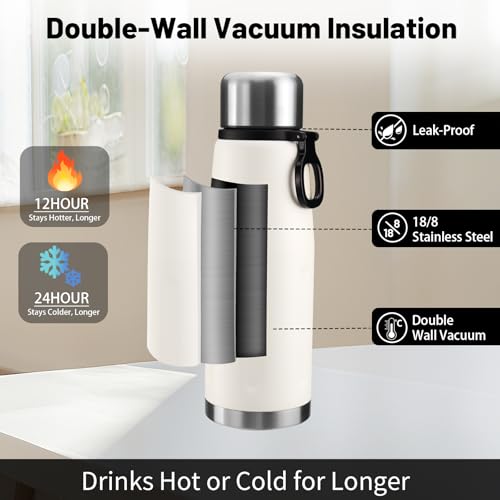 27oz Vacuum Insulated Stainless Steel Thermoses with Foldable Handle & Leakproof Lid, Slim Travel Coffee Cup for Hot/Cold Drinks, Fits Car Cup Holders - color: White-01-27oz