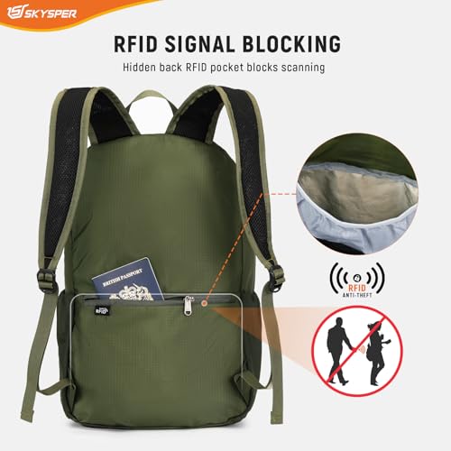 SKYSPER Small Packable Hiking Backpack 20L Anti-theift Travel Daypack | RFID Ultralight Foldable Walking Backpack with Water Bottle Holder, Nylon, Multi-compartment, Everyday Carry for Men Women - color: Armygreen