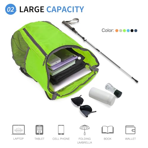 Hiking Backpack 20L Foldable Daypack for Men Women Nylon Green | Packable Backpack for Men Women, Small Foldable Day Pack Waterproof for Travel Camping Mountaineering - color: Green