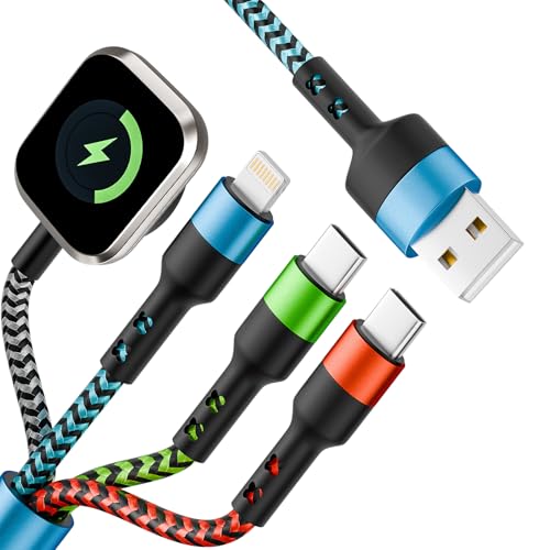 Travel Essentials 4 in 1 Multi Charging Cable for iWatch Charger, 1Pcs 5FT | Travel Charging Cords for Multiple Devices with Dual Type-C/IP/iWatch Charger, Travel Cable for iWatch Ultra/11-2, iPhone17-8 - color: Black&Red&Green&Blue